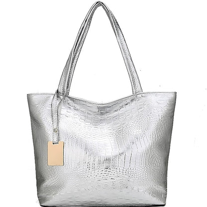 Tasche Faux Große Tote Geprägte Damen Kroko Silber | Kapazität