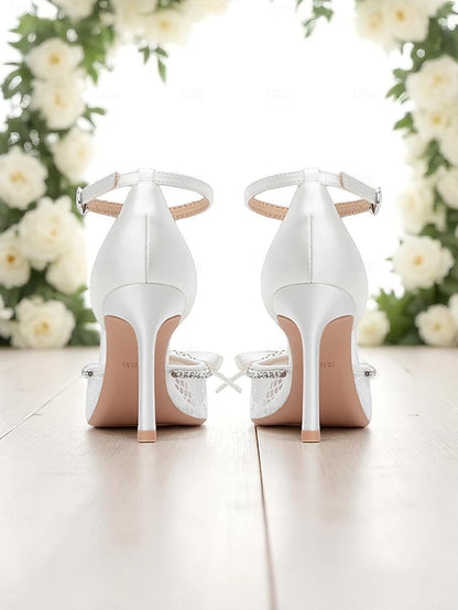 Satin White Heels High Lace Women's