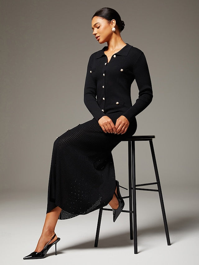 Women's Elegant Black Knit Maxi Dress