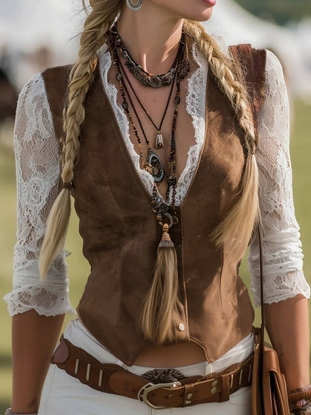 Women's Blouse Lace Tops Solid Color Stylish Long Sleeve V