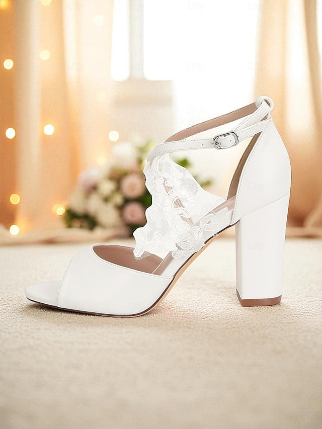 Lace Block Women's Sandals Strap Ankle Heel with - White