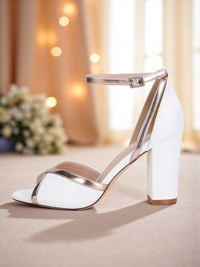 Heel Sandals Women's Metallic White Strap Block with Ankle