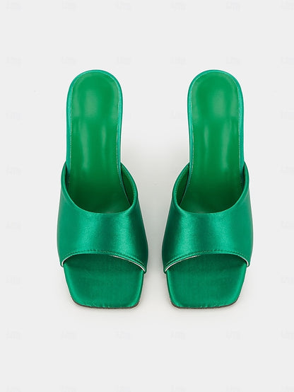 Mules Green with Transparent Satin Block Heels Open-Toe for
