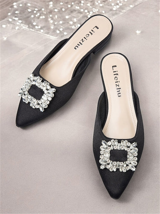 Satin Black Mules Rhinestone Women's with Pointed-Toe