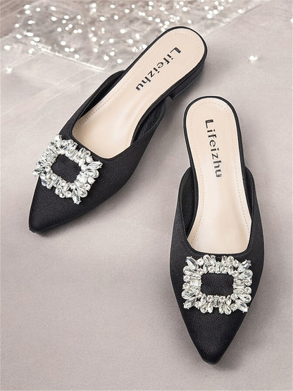 Rhinestone with Women's Pointed-Toe Satin Black Mules