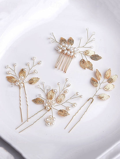 Faux and Gold Leaf Accessory Pearls Bridal Silver Set with Hair