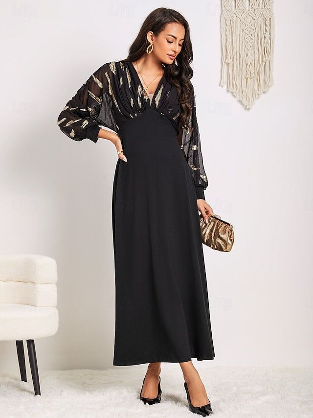 Women's Long Dress Sheer Feather Print Sleeves V-neck Black