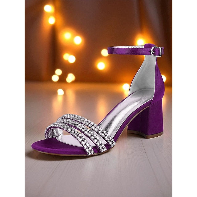with Sandals Women's Block Heel Purple Rhinestone Satin