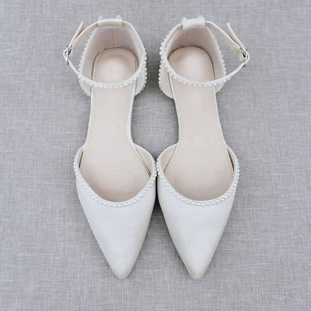 Pointed Toe White Shoes Pearl-Embellished Flat Women's with