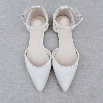 Pointed Toe White Shoes Pearl-Embellished Flat Women's with