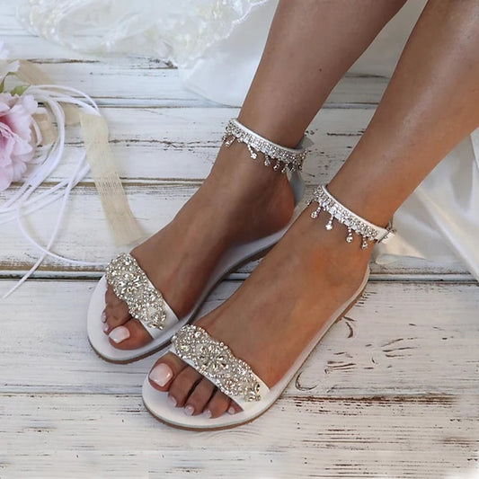Elegant Women's Sandals White Rhinestone Flat – Bridal