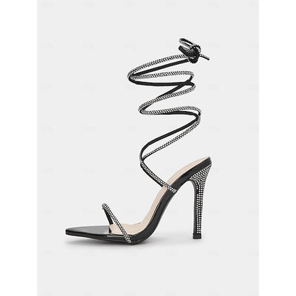 Black Lace-Up Stiletto Women's Sandals – Sexy Rhinestone