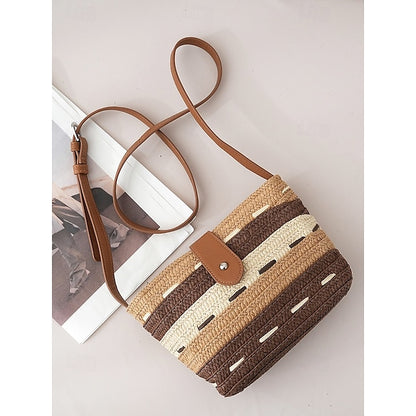 Sac fourre-tout en paille tissée marron à rayures et colorblock pour femme