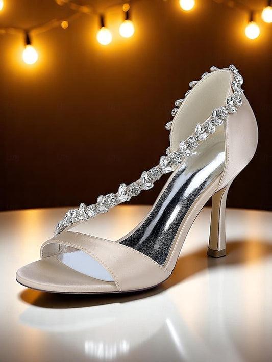 Crystal Heels T-Strap Women's Champagne – with Satin High