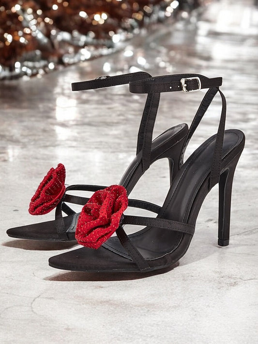 - Sandals Black Floral Embellishments Chic Heel High Red with