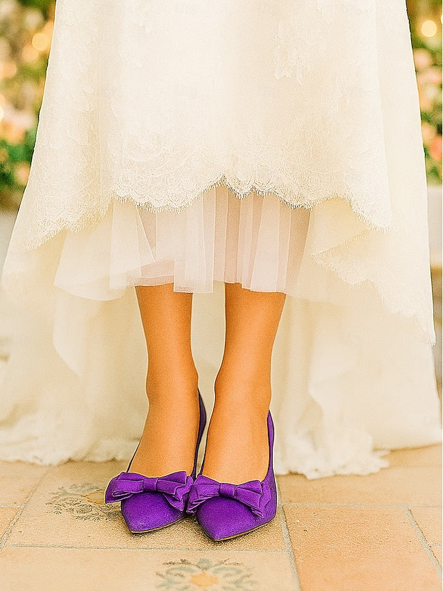 Satin Toe Pointed Green Bow Elegant - Women's Flats
