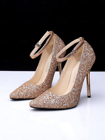 Gold Women's Pointed – Stiletto Glitter Sparkly Toe Heels