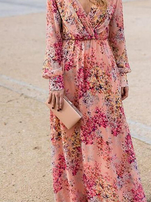 Women's Swing Dress Maxi long Dress Pink Long Sleeve Floral