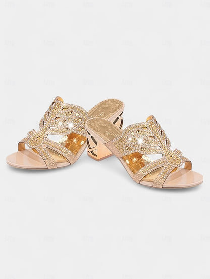 Rhinestone Green Embellished and - Sandals Heeled Gold