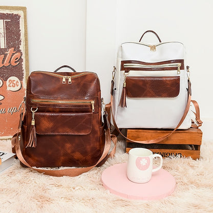 et sac à dos vintage en cuir avec pompon et similicuir pour femme