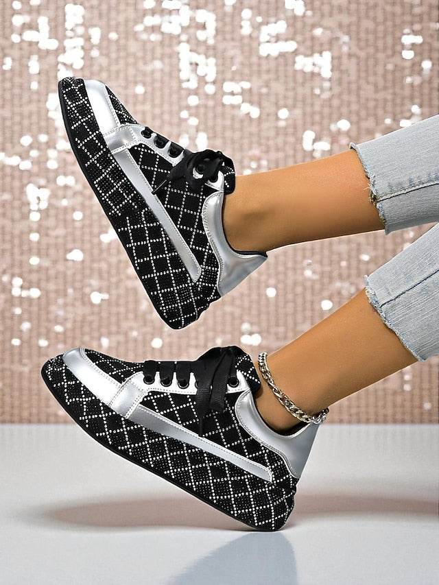 Quilted and Rhinestone Black Sneakers - Women's Silver