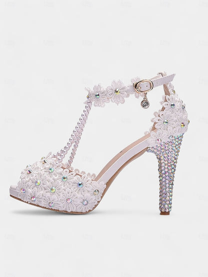 Sandals - Lace Pearl-Decorated Bridal T-Strap White Floral