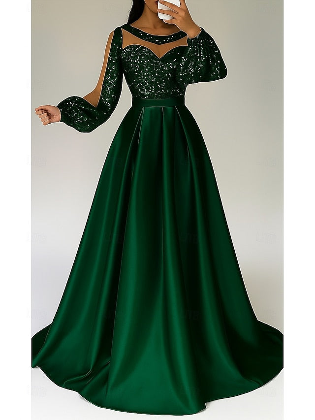 Sequined Red Dress Elegant A-Line Formal Black Gown Evening