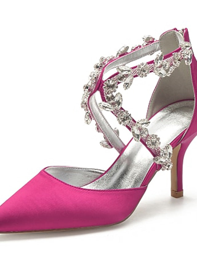 Heels Satin Women's White Pointed Crystal Strap – Elegant