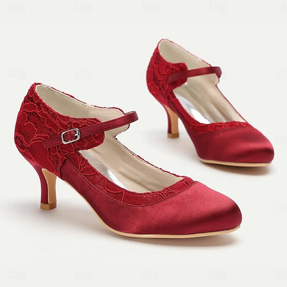 Mid-Heel Women's Comfortable - Lace Satin Heels Red Elegant