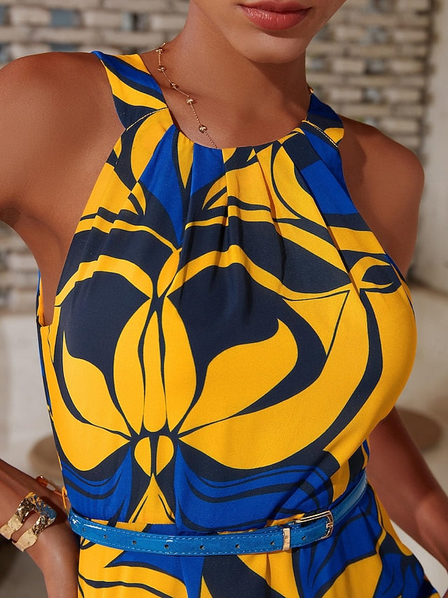 Satin Leaves Sleeveless Maxi Dress (No Belt)