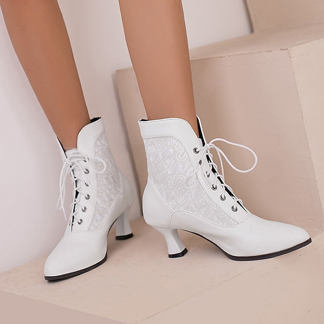 Lace-Up Ankle Women's Boots White Embroidered with Panels