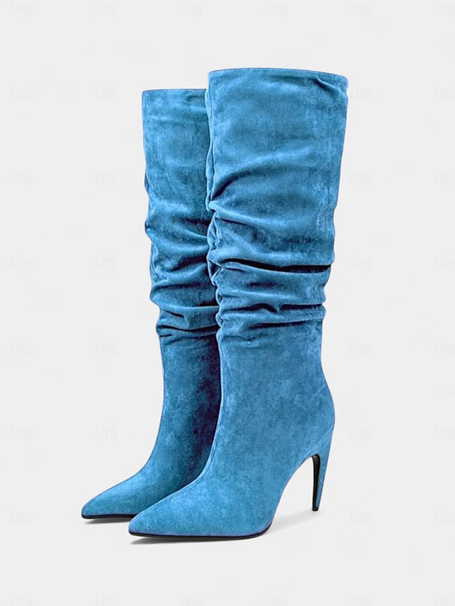 Women's Boots Pointed Velvet Slouch Knee - High Green Toe