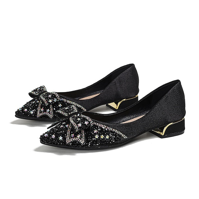Women's Glitter Flats Rhinestone Detail - Elegant Bow with