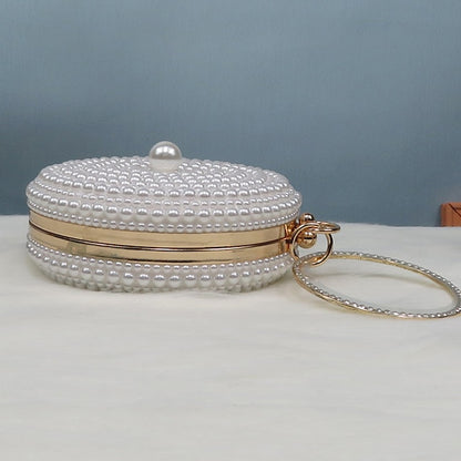 Purse White and Stiletto Round Pearl-Embellished Pearl Set Heels