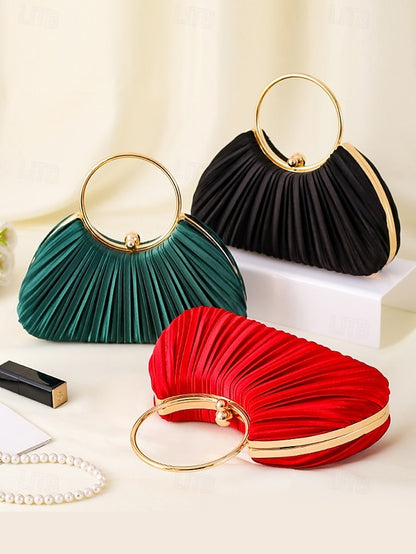 with - Elegant Handle Clutch Ring Green Gold Pleated Velvet