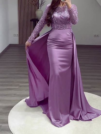 Evening Long Dress Gown Mermaid RuchedSatin Sleeves Sequin