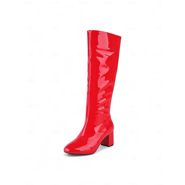 Block Women's Red Boots Heel with Patent High Knee Leather