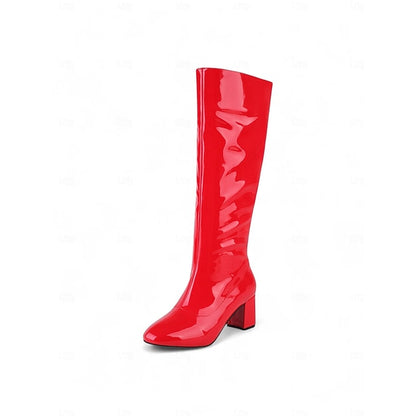 Block Women's Red Boots Heel with Patent High Knee Leather