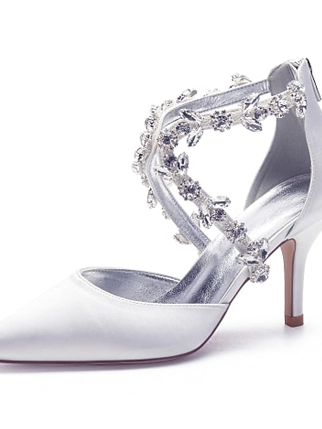 Heels Satin Women's White Pointed Crystal Strap – Elegant