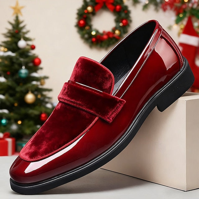 Men's Leather with Velvet Red Loafers – Sleek Design Faux