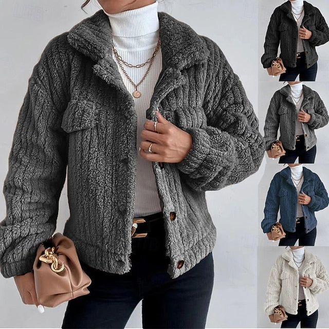 Buttons Plain Coat Casual Women's Comfortable Warm Teddy
