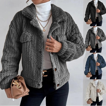 Buttons Plain Coat Casual Women's Comfortable Warm Teddy