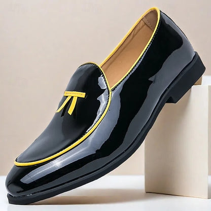Leather Black Men's Patent Yellow Trim Loafers Faux with