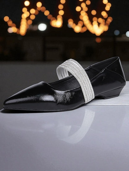 Women's Black Flats Patent Toe Elegant Pointed - Leather