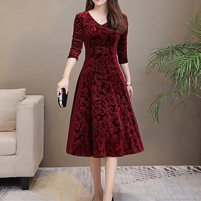 Women's Midi Dress Velvet Dress Party Dress Swing Dress