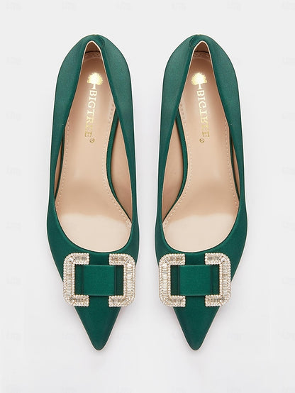 for Elegant Green Pumps Buckle with Satin Women: Rhinestone