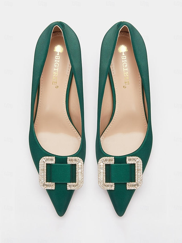 Elegant for Satin Rhinestone Green Pumps Buckle with Women: