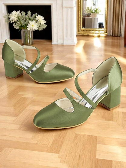 Mary Jane Satin Women's Green – Elegant 1950s Heels Block