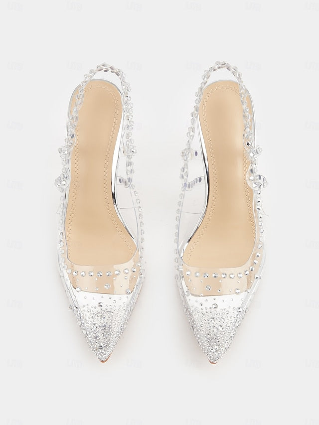 Clear Slingback Heels Rhinestone Women's Pointed with Toe