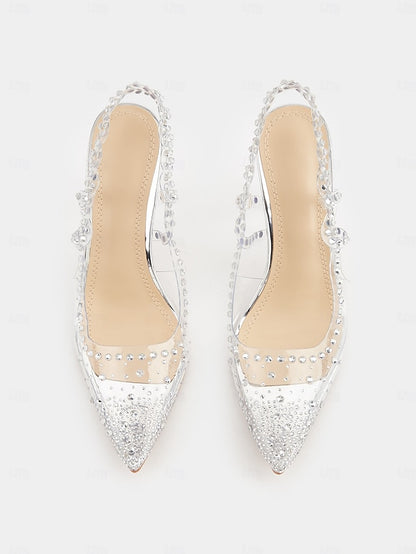 Clear Slingback Heels Rhinestone Women's Pointed with Toe